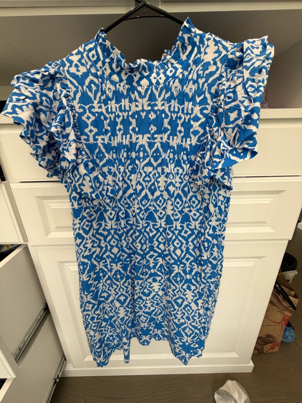 Blue and White Patterned Ruffle-Sleeve Mini Dress